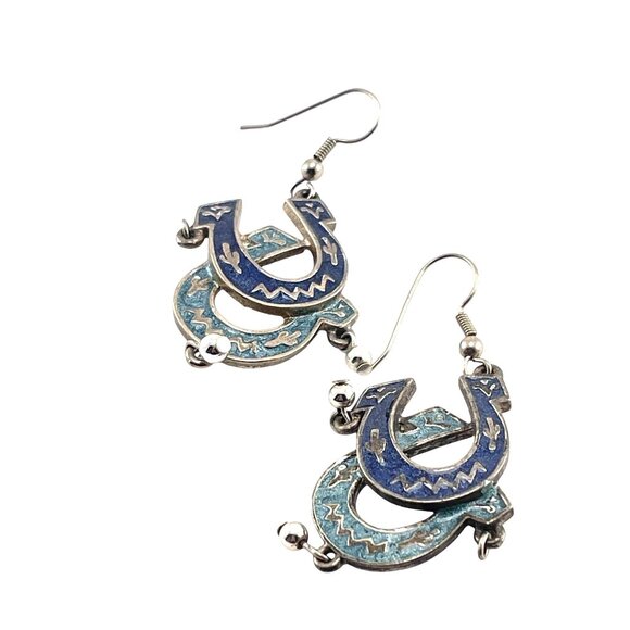 Barse Horse Shoe Dangle Earrings By Barse In Silver & Blue - Picture 1 of 10